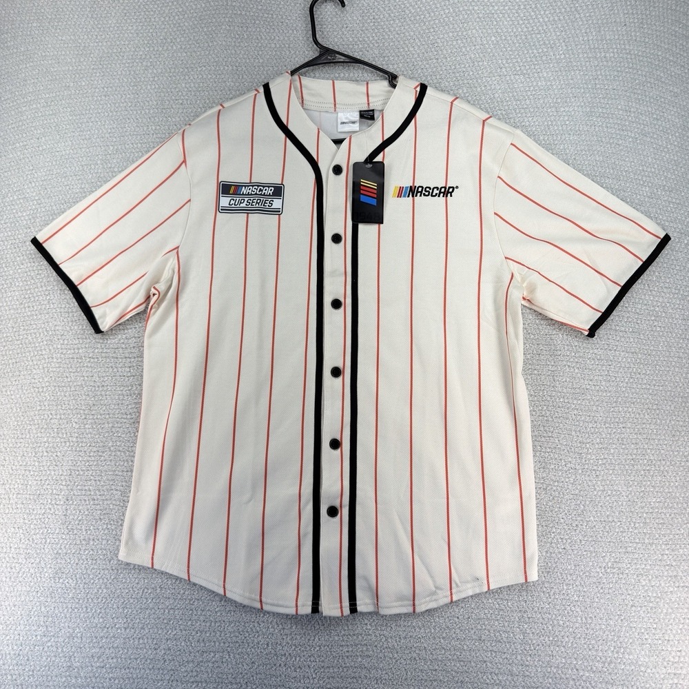 NASCAR Cup Series Baseball Jersey Men's Medium Beige Pinstripe Button Up Racing
